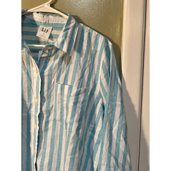 Gap Womens Sz Medium Linen Blend Easy Shirt Button Down Teal White Stripe Pocket - Image 7