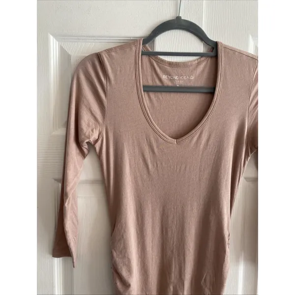 Beyond Yoga Ruched Side Bodycon Dress Womens XS Pink Pima Cotton V-Neck Mini - Image 2