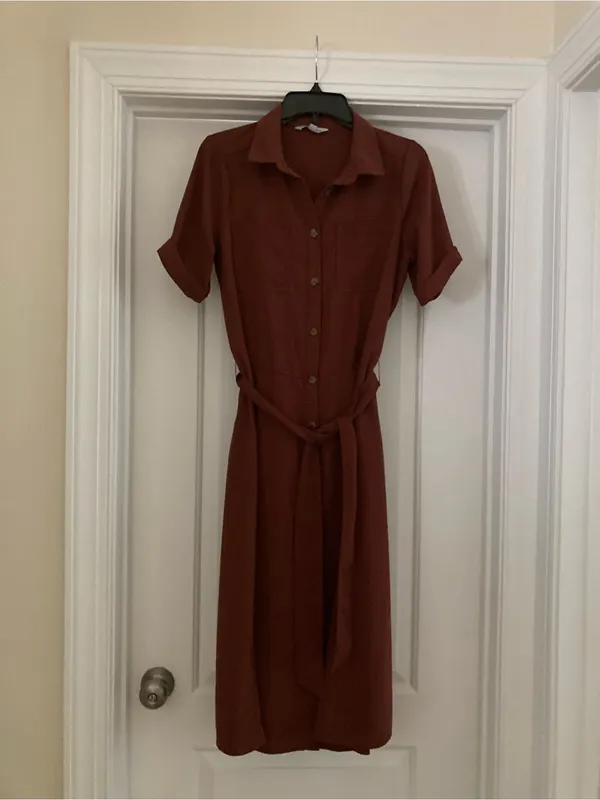 Women's Rust Collared Midi Shirt Dress with Waist Tie - Image 3