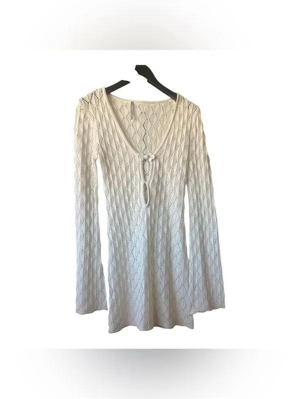 Streetwear Society Crochet Knit Mini Dress Beige Bell Sleeve Size L - Image 3