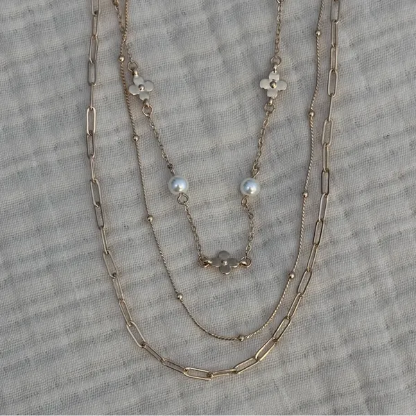 Gold-Tone Multi-Layer Stacked Chain Necklace With Faux Pearls & Heart Charms - Image 2