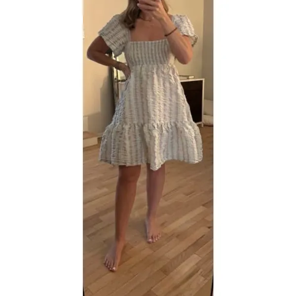 Ganni stripe seersucker green purple babydoll dress sz 38/6 above knee nautical - Image 7