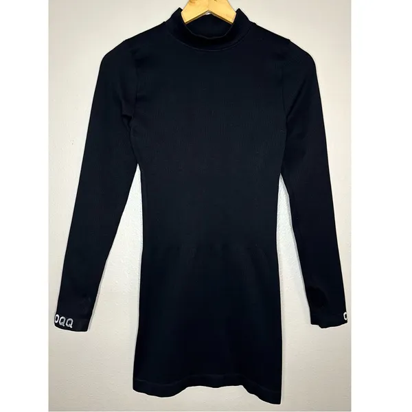OQQ Fitted Black Mock Neck Long Sleeve Mini Dress Thumbholes - Image 9