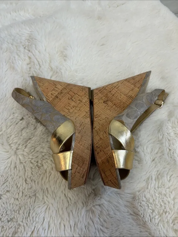 Coach Jessy Gold Metallic Canvas Logo Wedge Heeled Sandals - Image 4