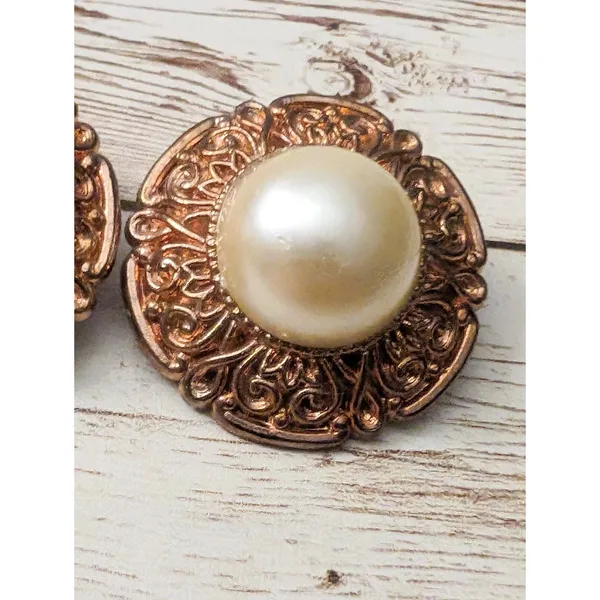 Vintage Clip On Earrings - Light Copper Tone Halo with Faux Pearl Large - Image 3