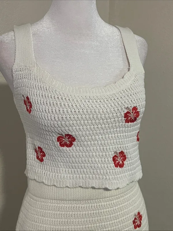 wild fable White Crochet Two-Piece Skirt Set with Red Floral Embroidery - Image 3