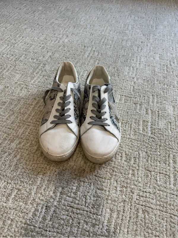 Vintage Havana White Sneakers with Grey Snake-Print and Silver Heel - Image 2