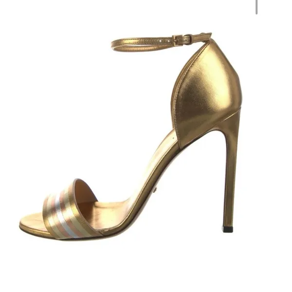 Gucci Cara Gold Metallic Leather Strappy High Heel Sandals EU 38 - Image 3