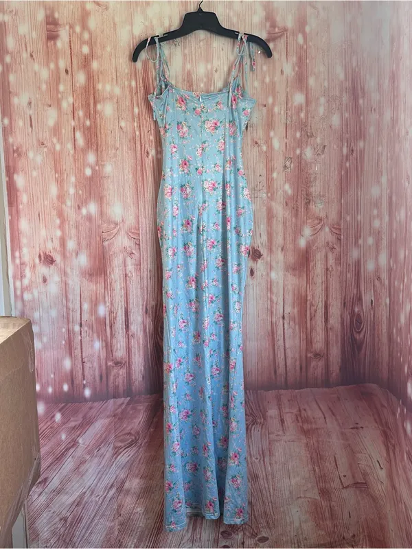 Shein PARTHEA Blue Floral Print Spaghetti Strap Mermaid Hem Ruched Maxi Dress L - Image 10