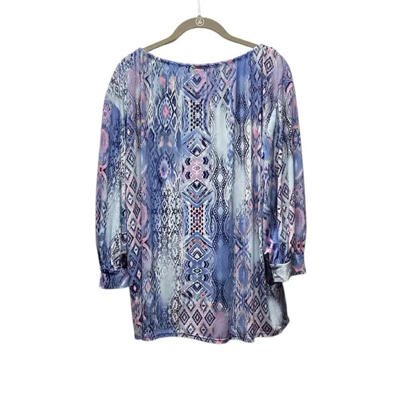 Sew in Love boho peasant blouse multi blue and pink geometric print. Size Large - Image 2