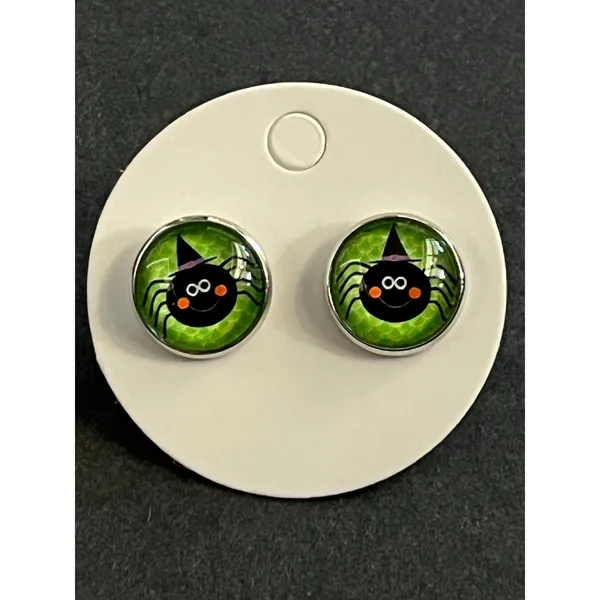 Cute Halloween‎ Spider Witch Hat Stud Earrings Green Enamel Fun Festive - Image 2