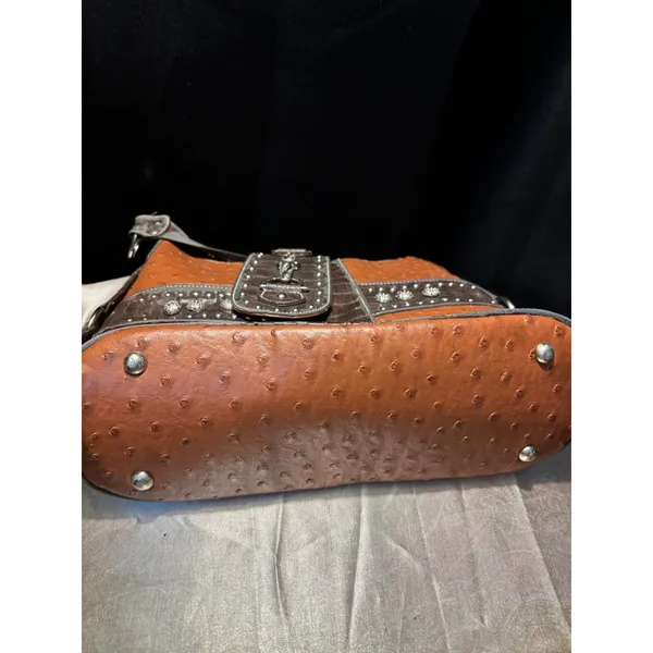 Western Ostrich Croc Embossed Studded Hobo Shoulder Bag Cognac Brown Horsebit‎ - Image 12