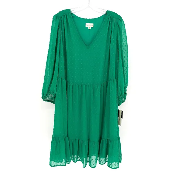 52Seven Babydoll Dress Women 1X Green Swiss Dot Tiered Boho Feminine Romantic - Image 5