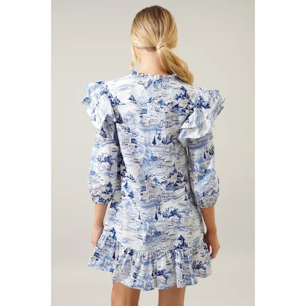 Sugarlips Francine Toile Sky Sammy Ruffle Drop Waist Dress Blue White Small‎ - Image 2