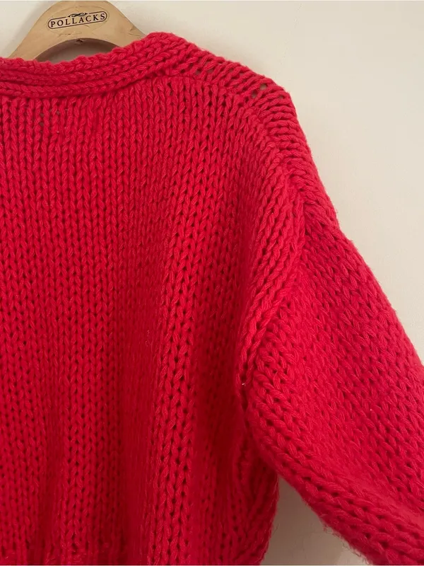 Luna Ivy Chunky Knit Flower Appliqué Cardigan Sweater Red Pink M Cottagecore - Image 8