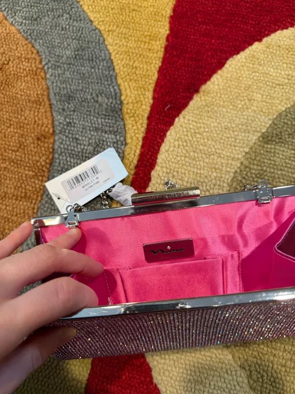 NWT Nina Pink Glitter Small Evening Purse Bag Formal Black Tie Metal Chain - Image 8