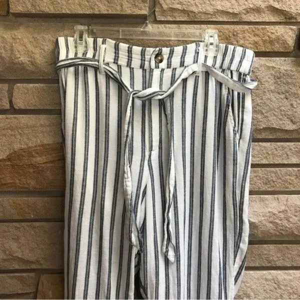 American Eagle Straight Leg Belted Elastic Waist Pants White Blue Stripe Large - Image 8
