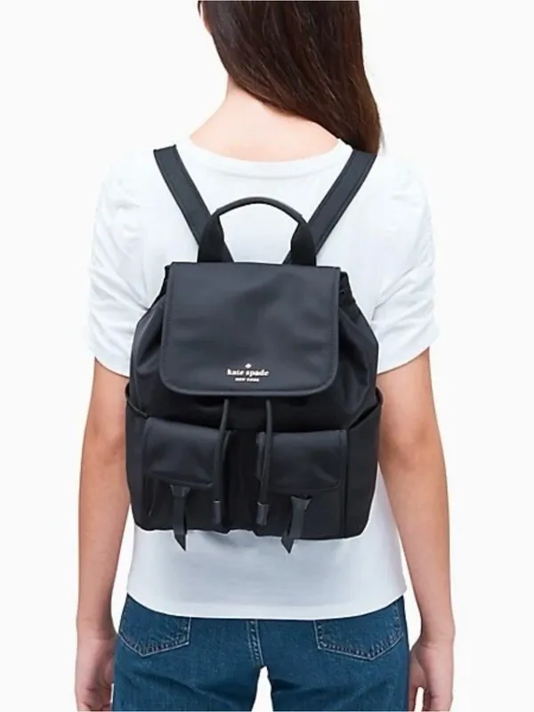 Kate Spade New York Carly Flap Drawstring Backpack in Black Technical Nylon - Image 3