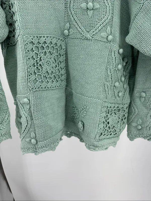 Melbourne Elements Pom Pom crochet Knit Patchwork Sweater sage L cottage - Image 6