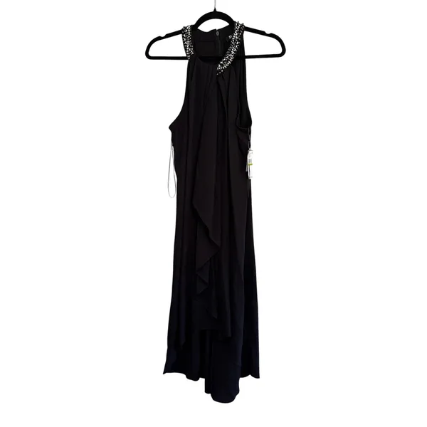 SLNY Womens Black Embellished Halter Neck Draped Evening Gown 119005 Size 14 - Image 4