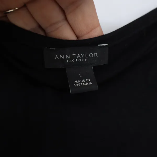 Ann Taylor Top Womens L Factory Black Puff Sleeve Cotton Solid Excellent - Image 2