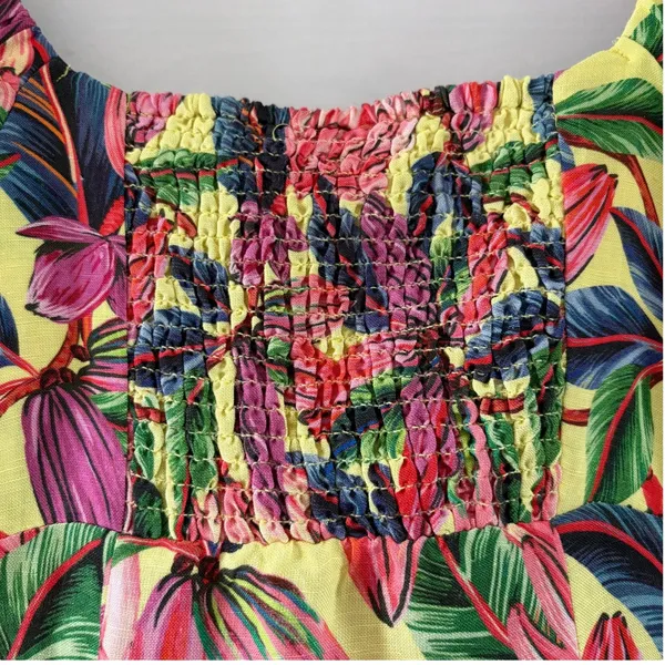 Farm Rio for Anthropologie Tropical Floral Smocked Linen Midi Dress XS - Image 7