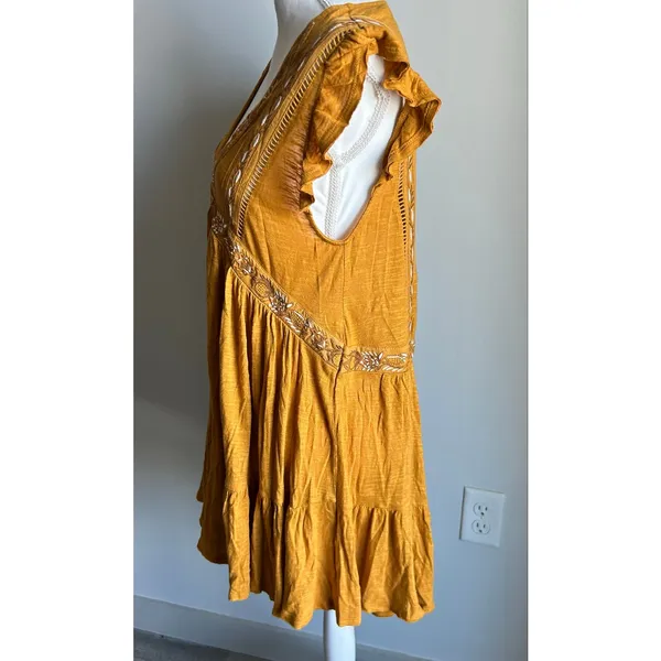 Free People Boho Yellow Embroidered Flowy Ruffle Top Blouse Oversized Size S - Image 4