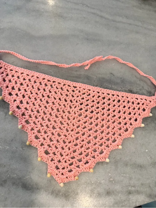 Handmade Crochet Wood Beaded Kerchief Head Scarf Cotton Boho Bandana Cottagecore - Image 2