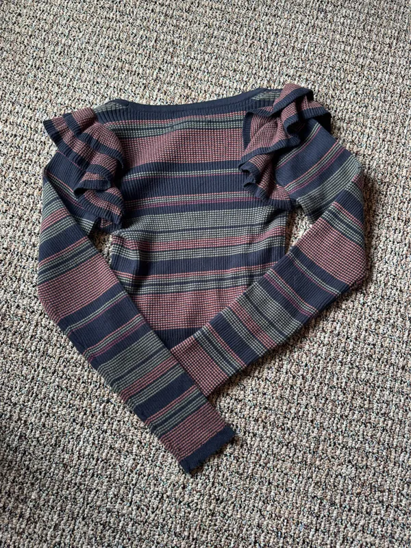 Shyanne Burgundy, navy, and green striped long sleeve with ruffled sleeves - Image 2