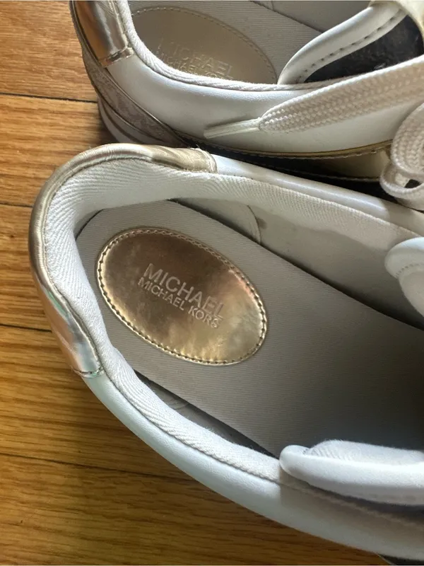 Michael Kors Maddy Two Tone Logo Trainer Sneakers White Brown Gold 9M - Image 6