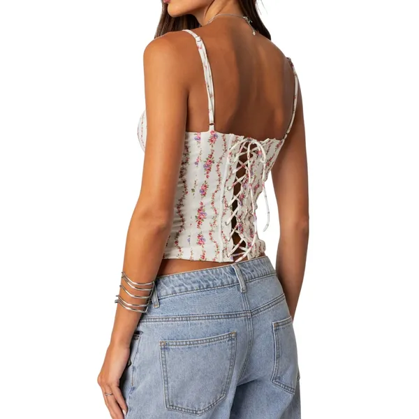 Edikted Indira Floral Lace-Up Corset Camisole Tank Top Large Coquette - Image 4