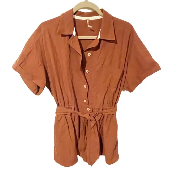 Free People Medium Brown‎ Rust No Plans Shorts Romper Belted Waist One Piece - Image 3
