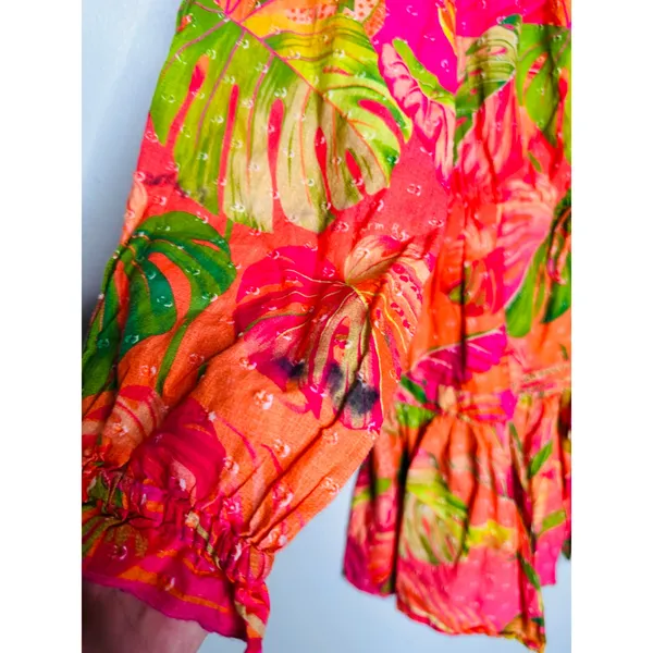 FARM RIO Pink Orange Floral Cotton A-Line Tie Waist Ombre Forest Mini Dress S - Image 8