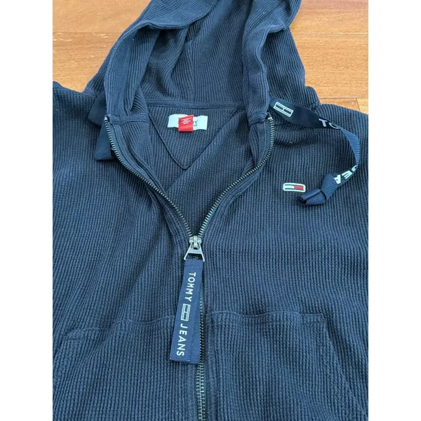 Tommy Jeans Zip Up Hoodie Womens Navy Waffle‎ Knit Thermal Flag Logo M - Image 6