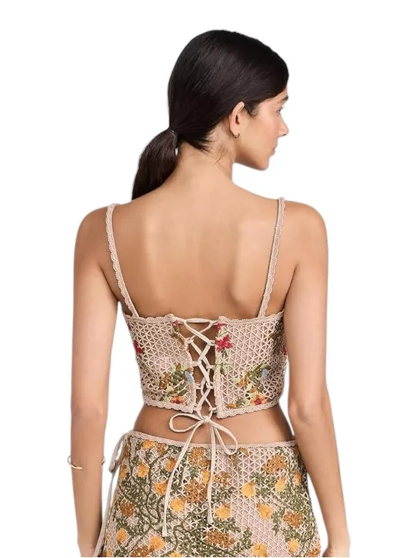 NWT Agua Bendita Tan Floral‎ Crochet Corset Tile Vicky Crop Top Size Medium - Image 2