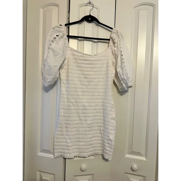 Betsey Johnson Womens White Textured Dress With Lace Puff Sleeves Size‎ L - Image 2