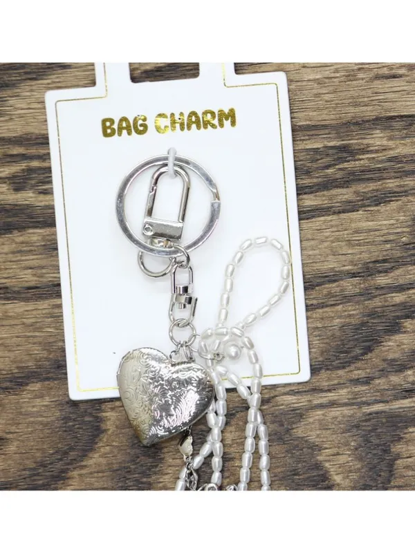 NWT Key Ring Heart Locket Charms Beaded Bow Bag Charm Silver Gray / White 6.5" - Image 2