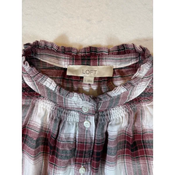 LOFT Plaid Button Up Shirt Womens Size Medium Ruffle Neck Long Sleeve - Image 3