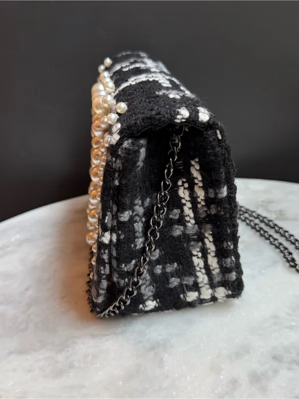 Chico's Pearl Embellished Tweed Crossbody Bag Black White Evening Clutch - Image 4