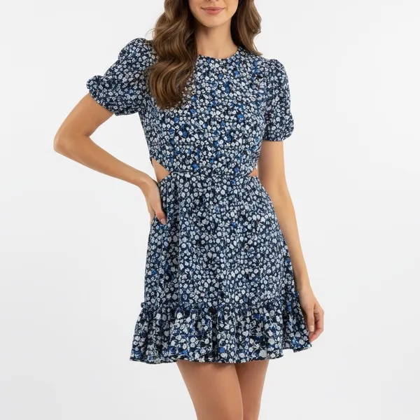 French Connection Floral Cutout‎ Ruffle Dress Navy Blue XS 4 Puff Sleeve - Image 9