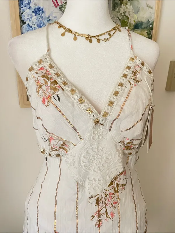 Ananta Metallic Floral Crochet Cutout Mirror Sequin Mini Dress Size L/XL New - Image 6