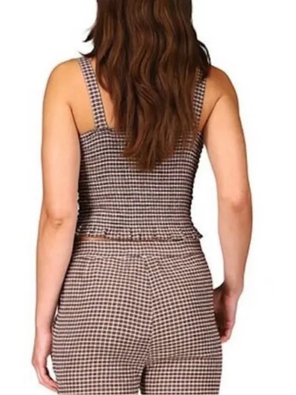 Sanctuary Brown Gingham Plaid Smocked Crop Tank Top Size Medium - Image 2