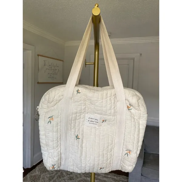 Quilted Embroidered Diaper Tote Bag Neutral Cream Ditsy Floral‎ Cottagecore Baby - Image 2