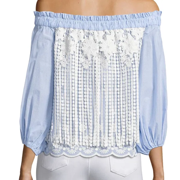 Alexis blue/white off the shoulder blouse White Lace Embroidered Small - Image 8