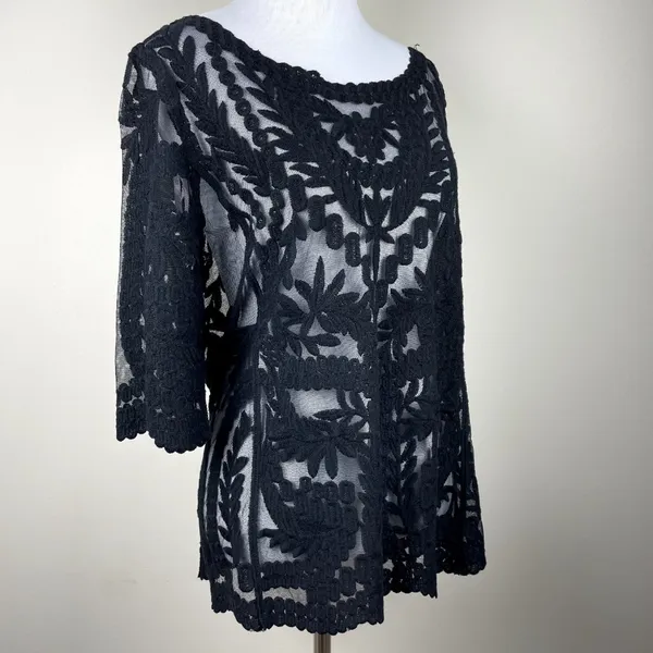 Laundry by Shelli Segal Blouse‎ Large Black Lace Brocade Over Mesh Scalloped Hem - Image 4
