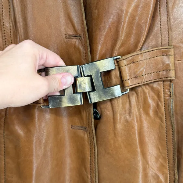 Vintage Leather Shearling Collar Penny Lane‎ Coat Brown Belted Distressed - Image 4
