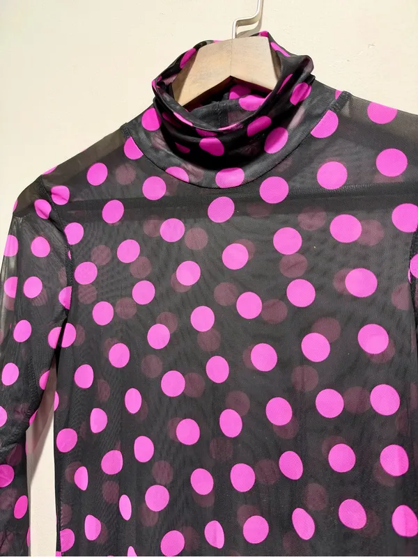 AFRM Black Pink Polka Dot Sheer Mesh Roll Neck Maxi Dress S - Image 3