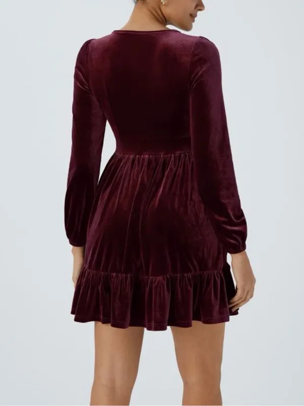 Halara NWT Everyday Deep V Neck Long Sleeve Ruffled Hem Velvet Mini Chill Dress Small - Image 2