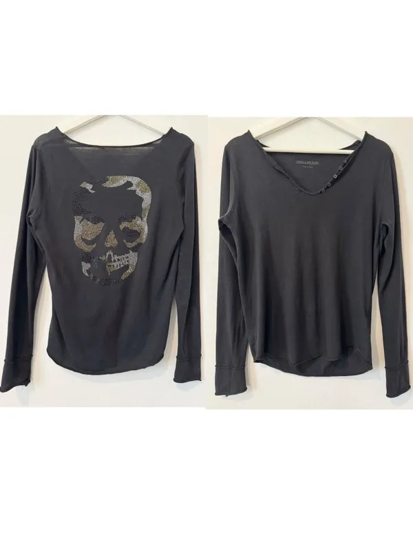 Zadig and Voltaire Tunisien Camo Skull Henley Top Size Small Rock and Roll Edgy - Image 2