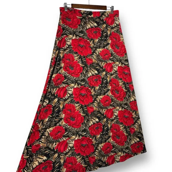 Vintage Y2K Maxi Skirt L Red Floral Tiger Animal‎ Print Slinky Stretch Pull On - Image 3